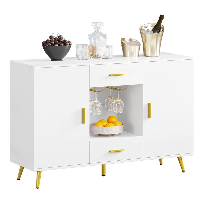 Modern Wood Buffet Cabinet Sideboard Buffet with Storage Adjustable Shelf Wine Glass Holder - White