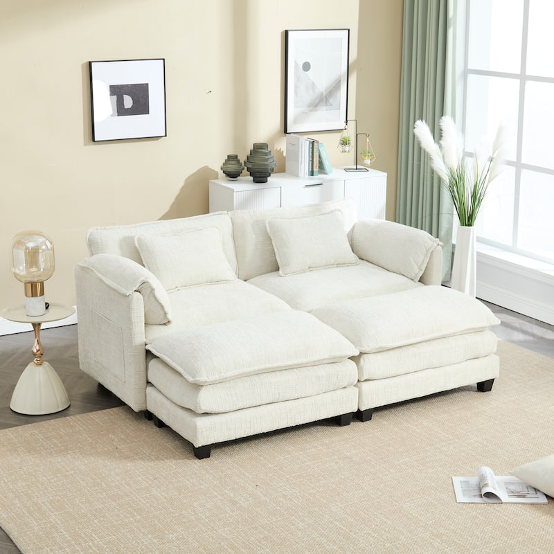 Chenille Fabric Loveseat Sofa Couch with 2 Ottomans and Side Pockets
