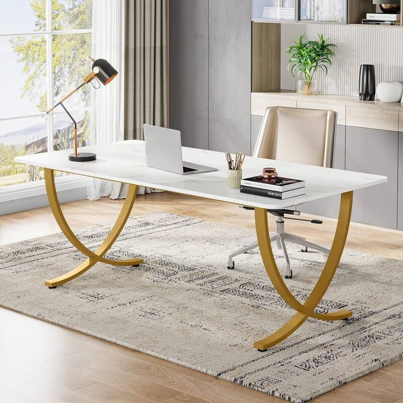 63" Executive Office Desk - Modern White & Gold Computer Desk with Faux Marble Tabletop, Large Conference Table - White+Gold