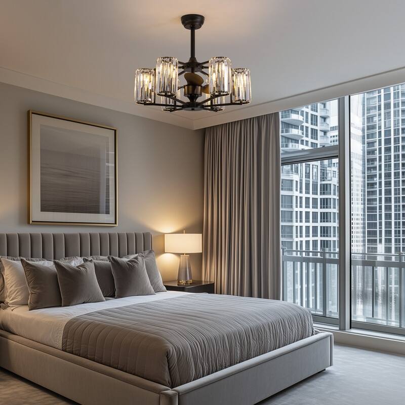 27" Crystal Ceiling Fan with Light and Remote Control 6-Light Black Caged Fandelier Luxury Ceiling Fan for Living Room Kitchen