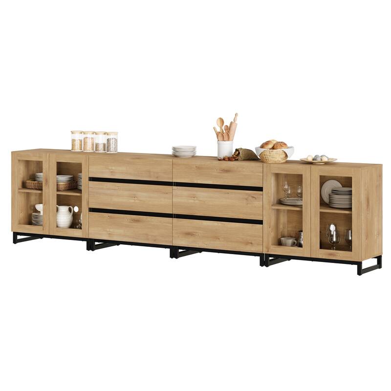 4 in 1 Modern Sideboard with Glass Doors and 6 Drawers Adjustable Shelves Coffee Bar Storage Cabinet for Living Room, Kitchen