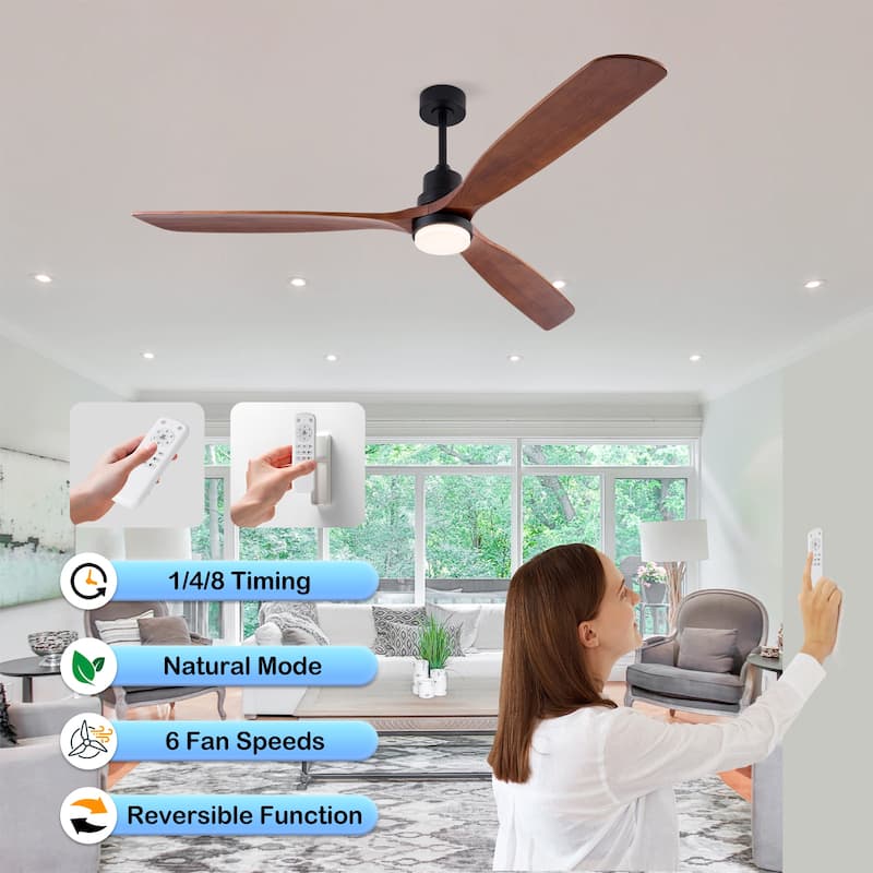 72 Inch Modern Ceiling Fan With 3 Color Dimmable 3 Solide Wood Blades Remote Control Reversible DC Motor With LED Light