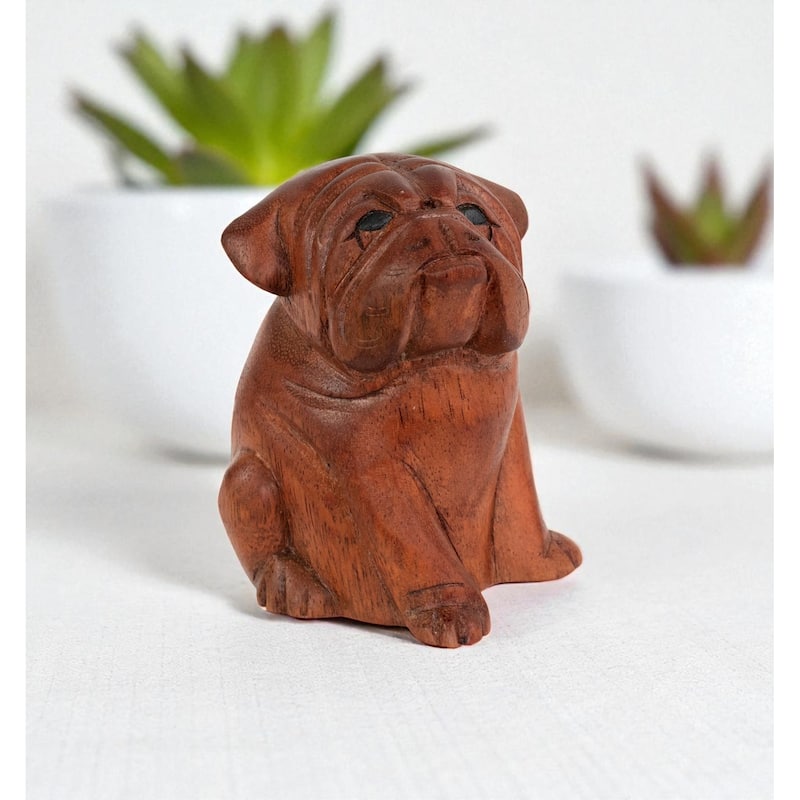 5" Wooden Hand Carved English Bulldog Figurine Statue Sculpture - 5" tall x 4" wide x 3.5" deep