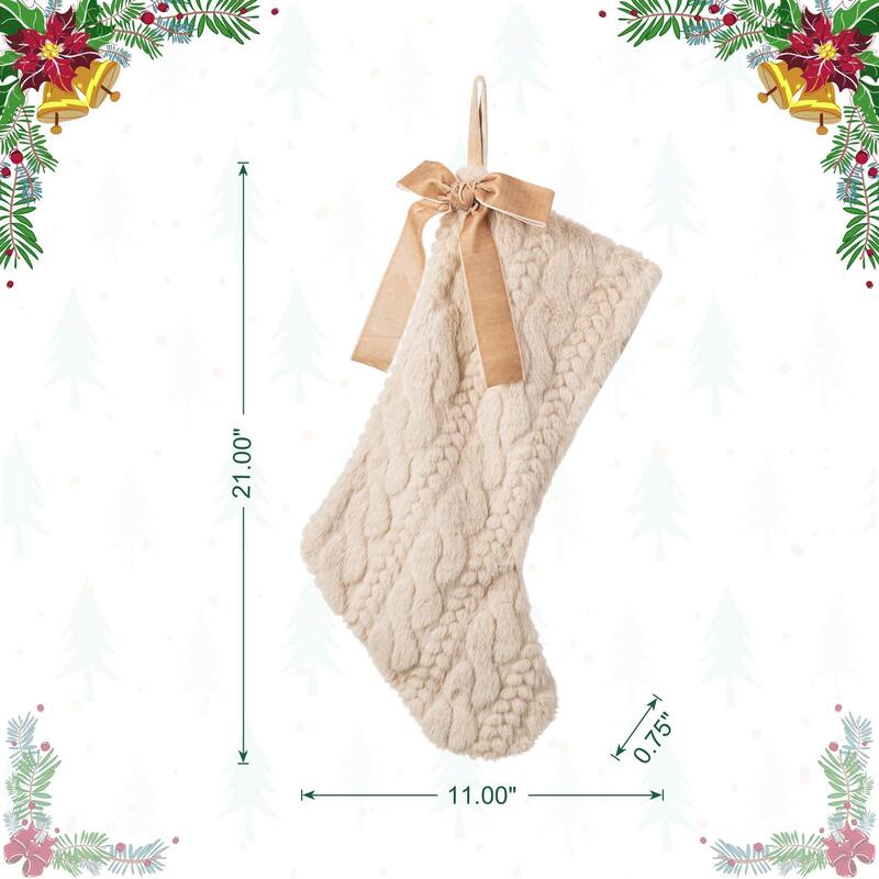 Glitzhome 21"L Plush Faux Fur Christmas Stocking with Bow & Tree Skirt