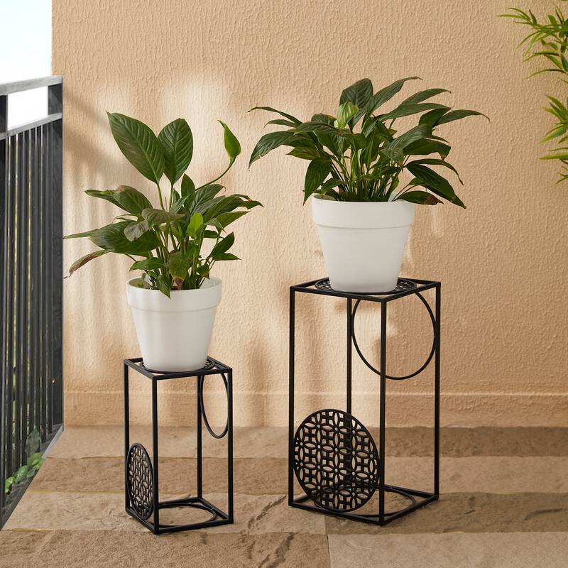 Glitzhome Set of 2 Black Metal Wire Rectangular Nesting Planter Stand Side Table
