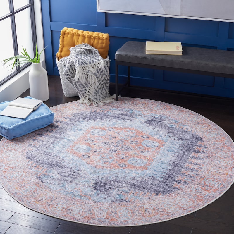 SAFAVIEH Serapi Machine Washable Viney Shabby Chic Distressed Rug - 6'7" Round - Terracotta/Blue
