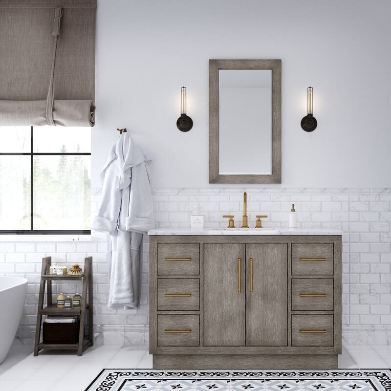 Hugo Carrara Marble Countertop Vanity with Mirror and Gooseneck Faucet