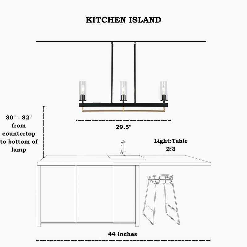 Modern Industrial 3/5-Light Chandelier Black Gold Kitchen Island Light Fixture with Clear Glass for Dining Room