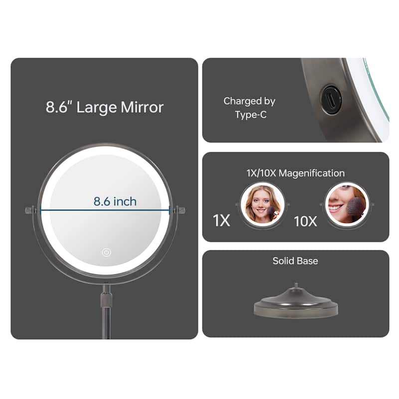 9" Lighted Makeup Double Sided 1X/10 Magnification Mirror and 3 Lighting