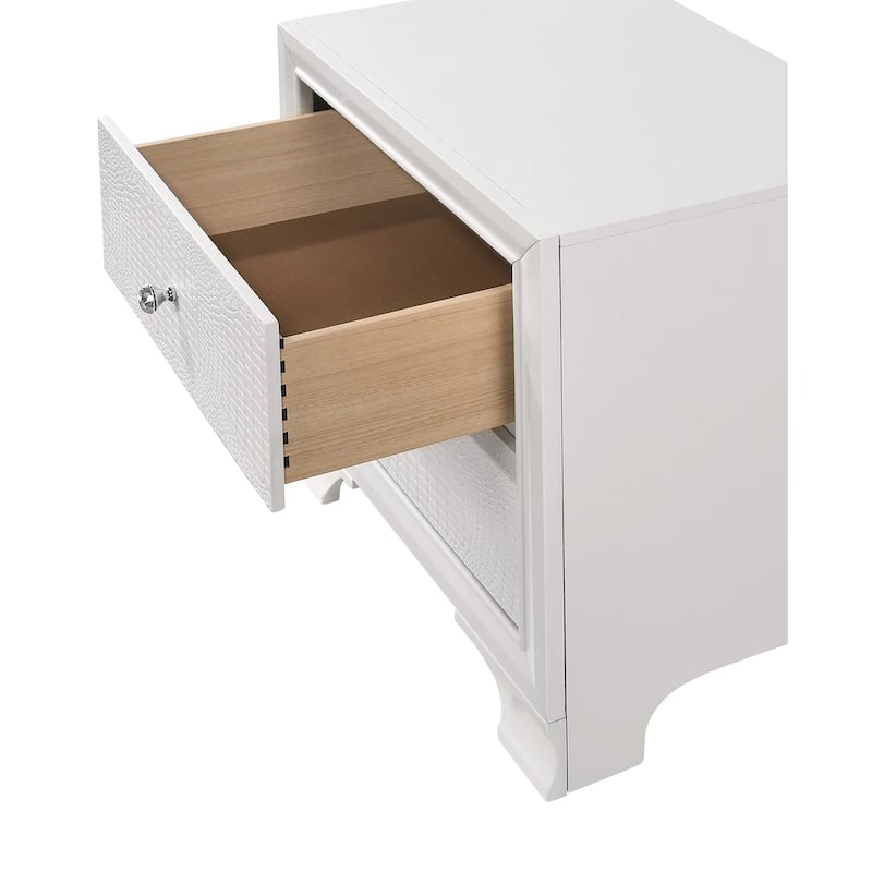 Modern Glam 1pc Crisp White Nightstand w/ 2 Drawers & Embossed Crocodile Pattern for Bedroom