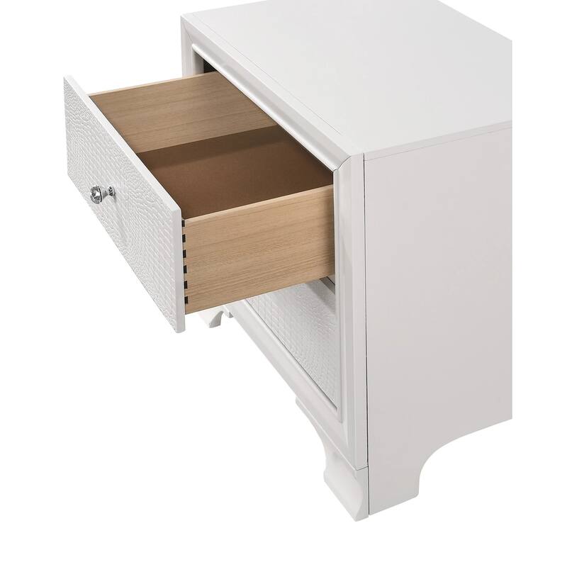 Modern Glam White Finish Two Drawer Nightstand with Crocodile Texture
