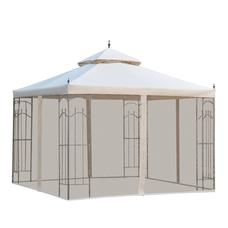 GDFStudio - 9.8'x9.8' Double Roof Patio Gazebo with Corner Shelves, Mesh Netting & Decorative Design