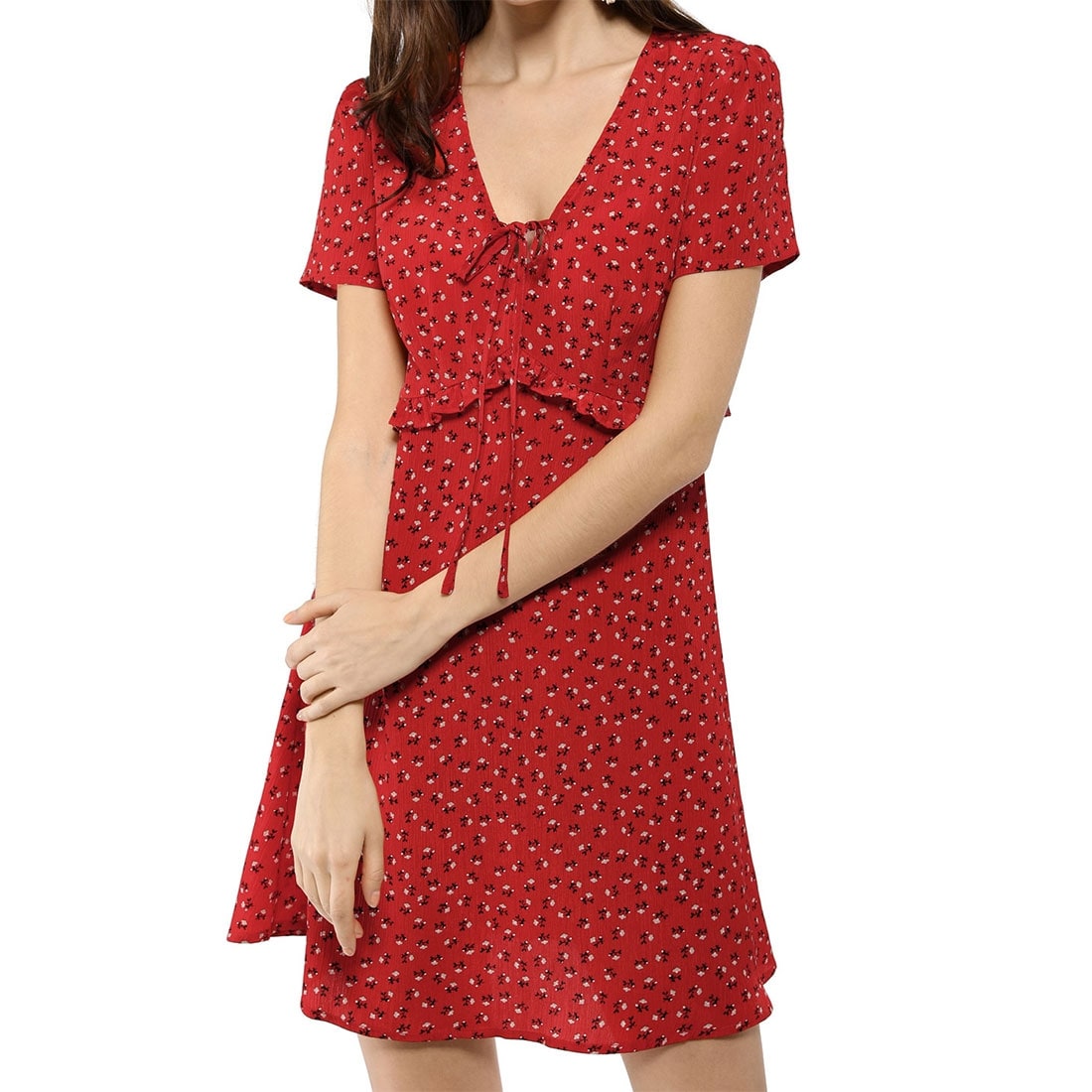 Shop Women S Floral Bow Tie V Neck Shorts Sleeves Ruffle Peplum