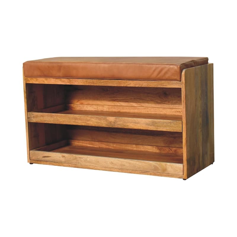 Artisan Furniture Solid Wood Buffalo Hide Pull out Oak-ish Shoe Storage Bench, Brown