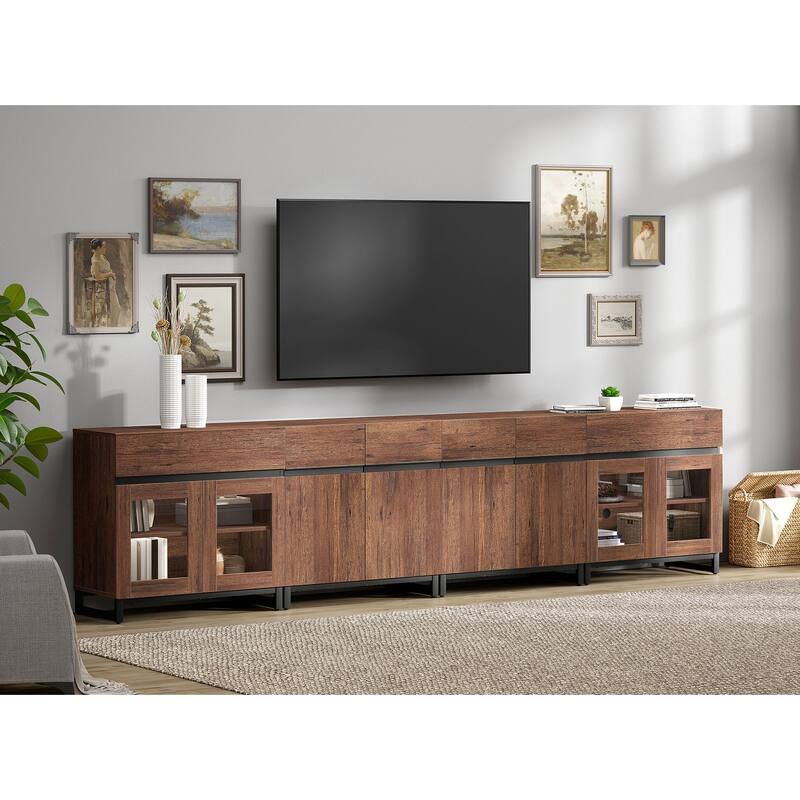 Modern TV Stand for 120" TVs, 4-in-1 Console with Glass Doors & 2 Drawers - 126 inches - Brown