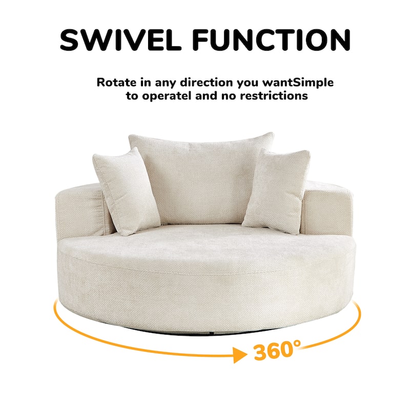 Oversized Swivel Barrel Chair, Chenille Upholstered Round Armchair, Single Sofa Chair with Headrest & 3 Cozy Pillows