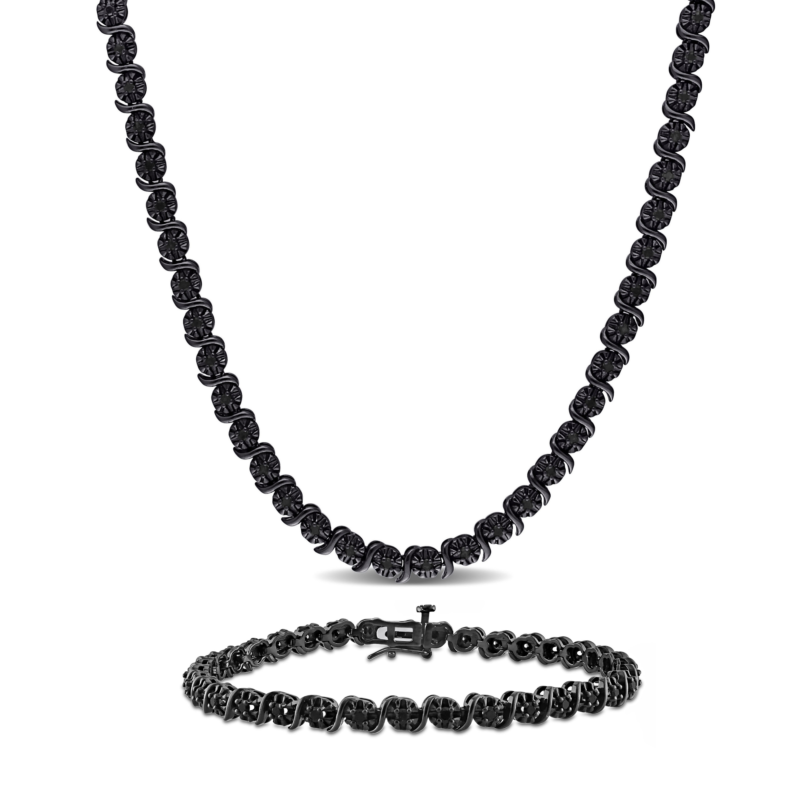 Miadora 1 1/2ct TDW Black Diamond Tennis Bracelet Necklace Set Sterling Silver