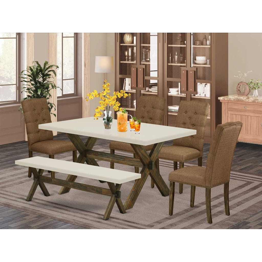 HomeStock 6-Pc Rectangle Distressed Jacobean Finish Solid Wood Top Dining Table with 1-Bench, 4-Chairs