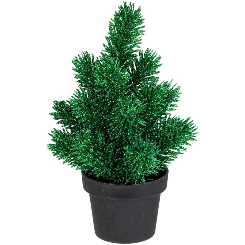 8.5 Potted Glitter Artificial Pine Christmas Tree - Unlit - 8.5" - Green