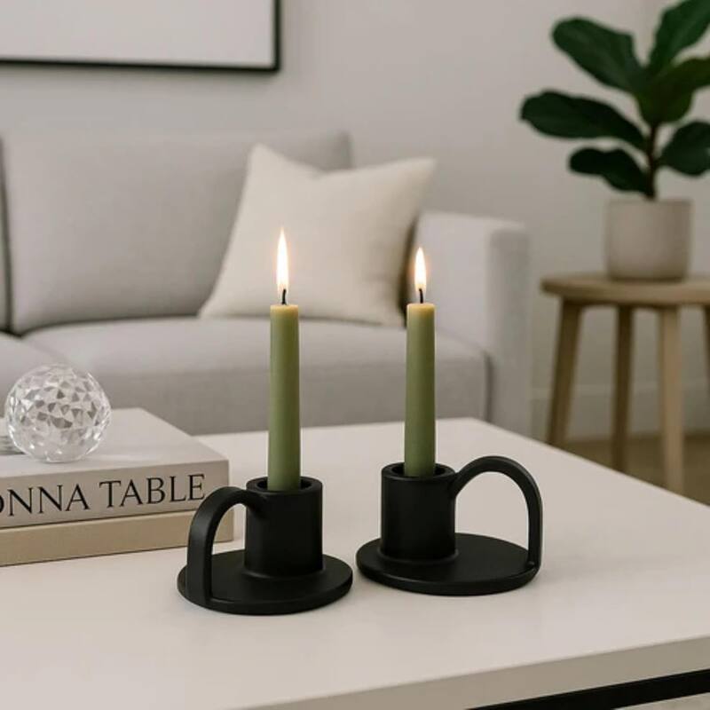 Matte Black Set of Two Elise Short Ceramic Candlesticks Aria Home
