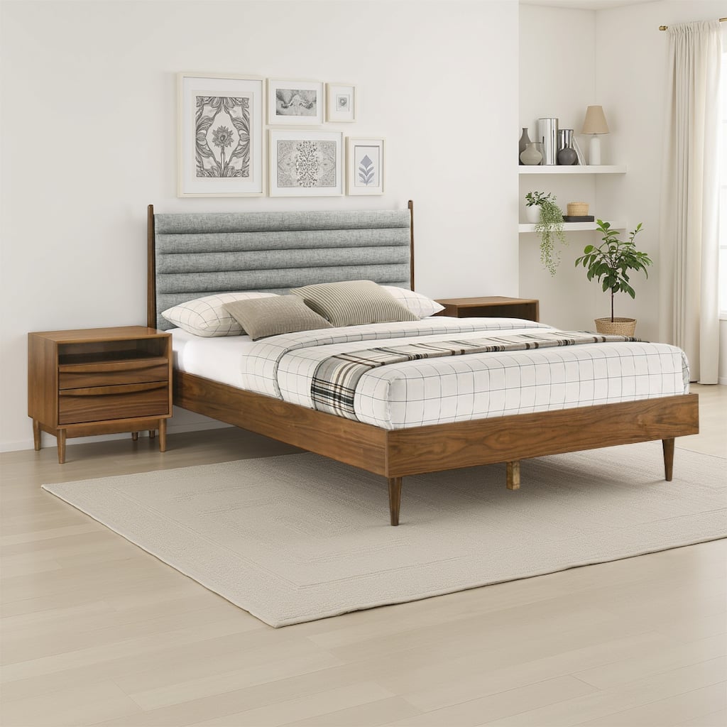 Mian Bedroom 3 pcs Set, Queen Platform Bed and Nightstand, Walnut Brown