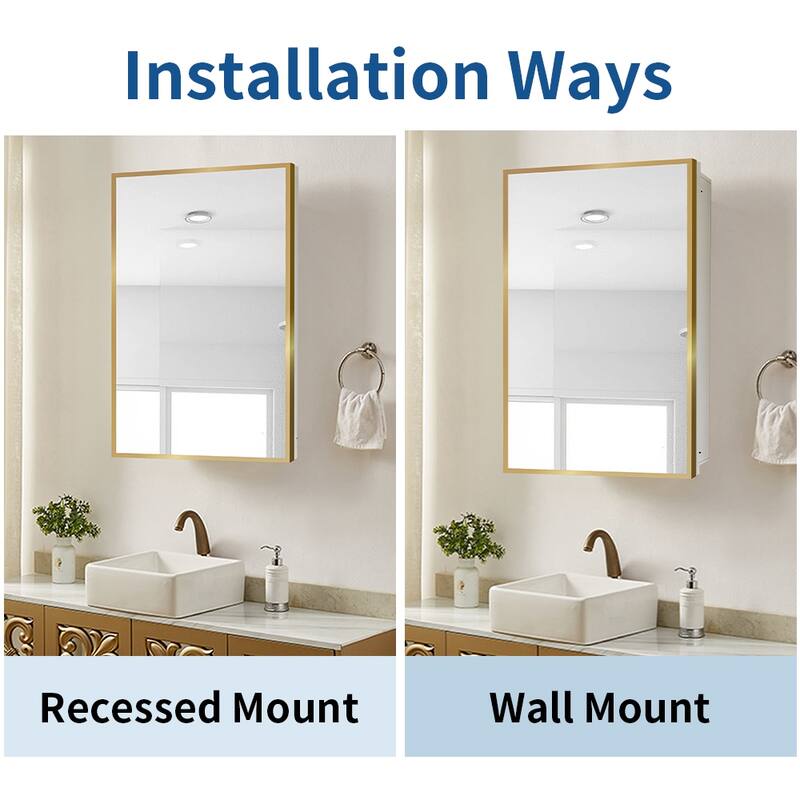 Wall-Mounted or Recessed Bathroom Medicine Cabinet with Mirror, White Iron Powder Material, Removable Shelves - 4.9X16 in
