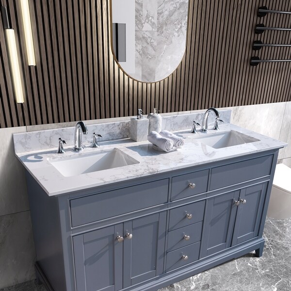 Global Pronex 61-inch Bathroom Stone Vanity Top with Double Rectangle undermount ceramic sink, White/Widespread. Opens flyout.
