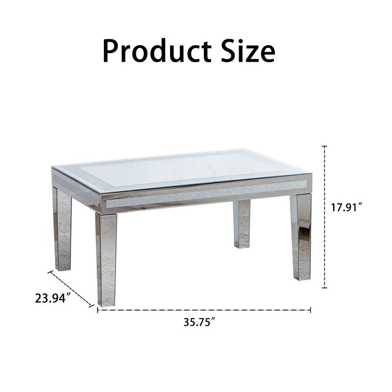 Silver Coffee Tables for Living Room with Dazzling Crushed Crystal Border, Clear Glass Rectangle Center Table