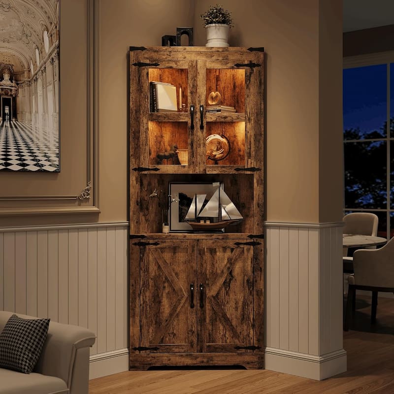 67" Tall Corner Storage Cabinet with Lights, Farmhouse Corner Hutch Display Cabinet with Glass Doors