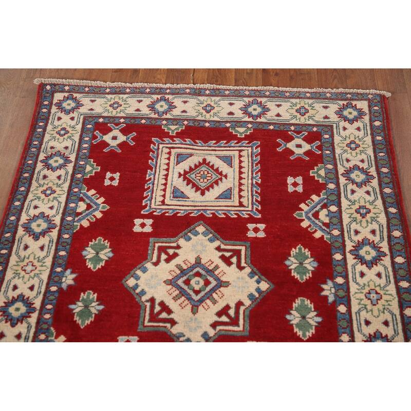 Geometric Red Kazak Oriental Accent Rug Handmade Wool Carpet - 3'3"x 4'6"