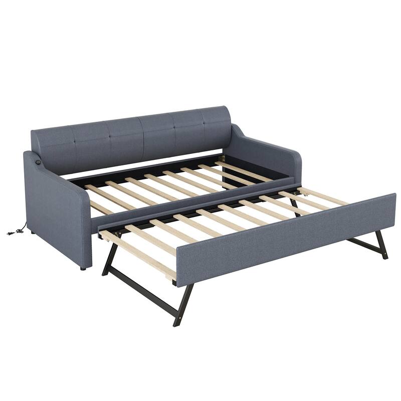 Roomfitters Twin Upholstered Daybed with USB Charging Port and Convertible Pull-Out Trundle