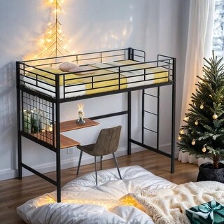 Twin Metal Loft Bed with Desk and Metal Grid, Space-saving, Black