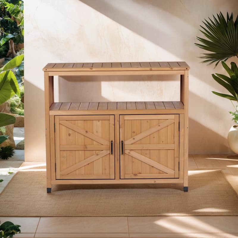 Outdoor Patio Storage Cabinet with Slatted Cedar, Wooden Patio Bar Table, Buffet Cabinet Sideboard Console Table