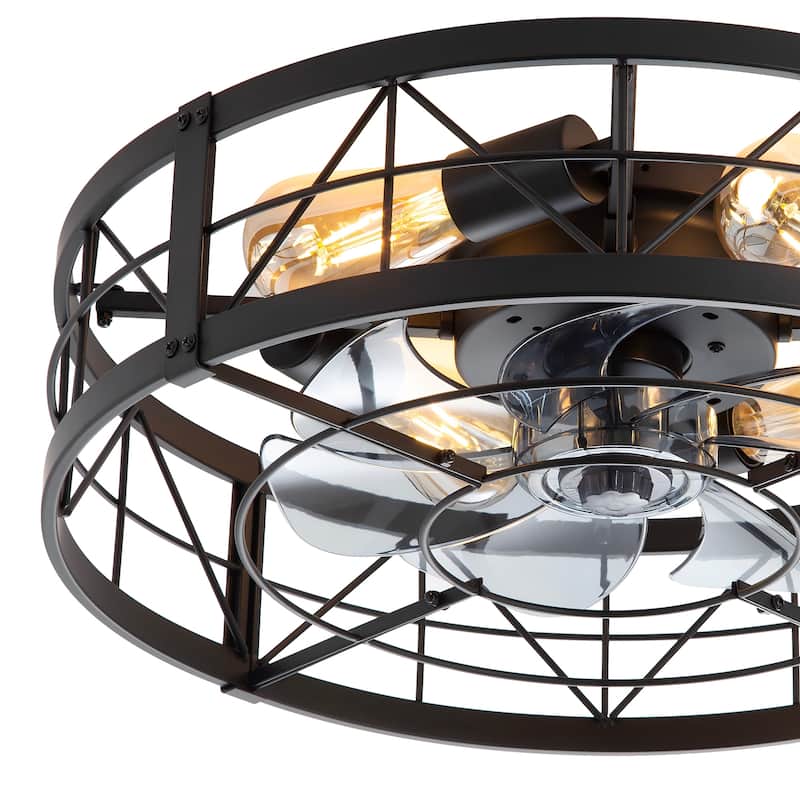 20" 7-Blade Matte Black Flush Mount Caged Ceiling Fan with Light and Remote