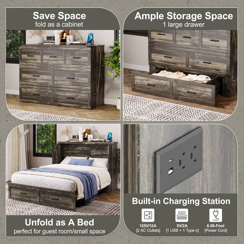 Foldable Murphy Bed Cabinet Full/Queen with USB & Type-C Ports and Storage Drawer for Guest Room
