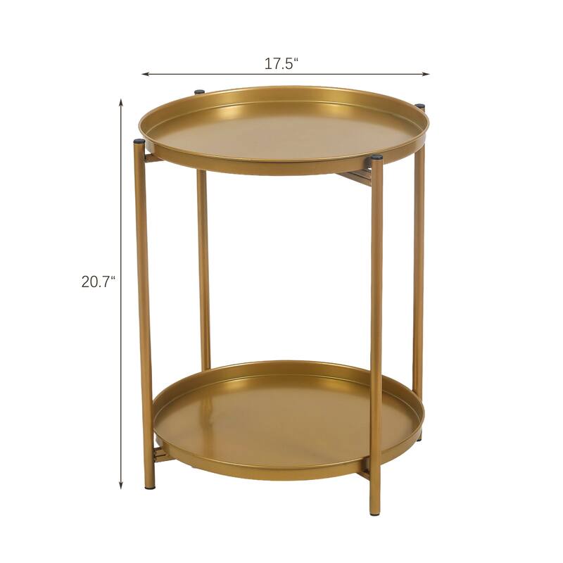 Adeco Side Table 2-Tier Metal Round End Table with Removable Tray - 17.5""(D)x 17.5""(W)x 20.7""(H)