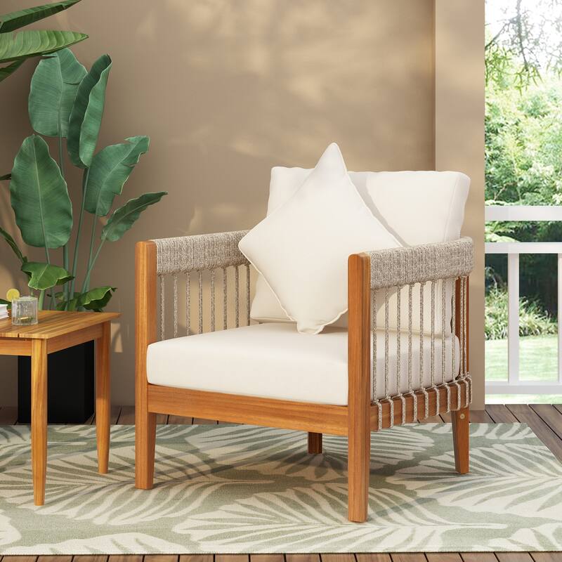 Acacia Wood Outdoor Club Chair with Handwoven Rope Accents & Curved Backrest - Water-Resistant with Removable Cushions - Beige