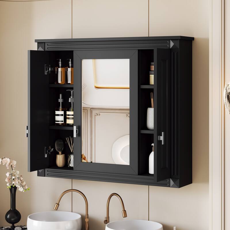 Roomfitters Bathroom Wall Mounted Storage Cabinet with Mirror Door and 4 Shelves, Over Toilet Medicine Cabinet, Black