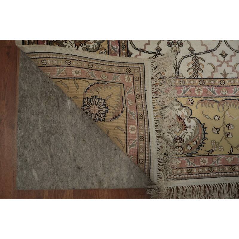 Hand Knotted Oriental Silk Carpet Traditional Floral Beige & Ivories Kashmir Area Rug - 8' 11'' X 6' 1''