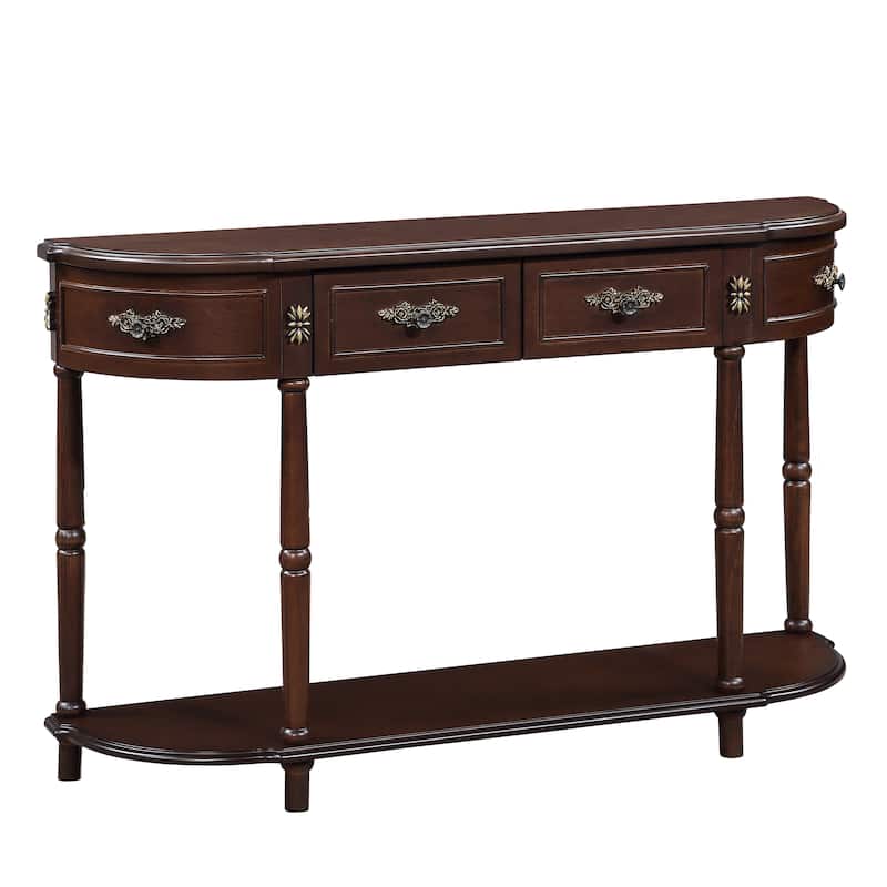 Anmytek Retro Curved Wood Console Table, Navy Blue Wood Top Solid Wood Entry Table with Open Shelf and 2 Drawers