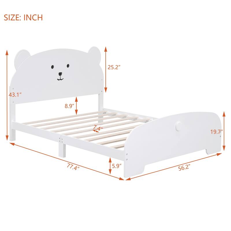 Full Size Wood Platform Bed with Bearshaped Headboard and Footboard, Support with Wooden Boards