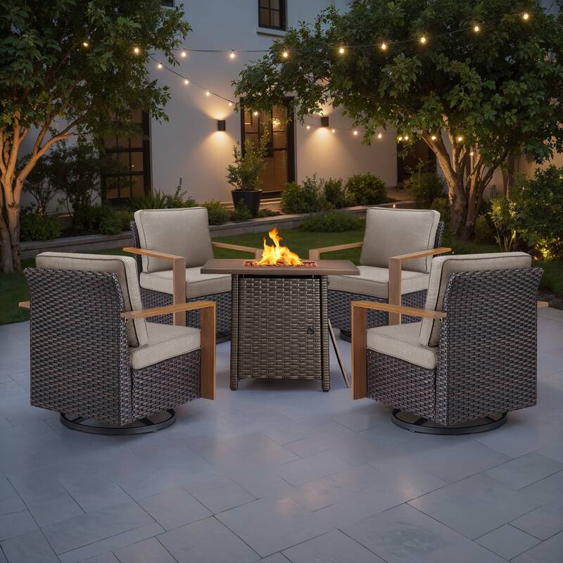 Meyreso 5-Piece Wicker Swivel Glider Fire Pit Set with Plush 4.5" Olefin Cushions - Brown Wicker - Beige Cushions