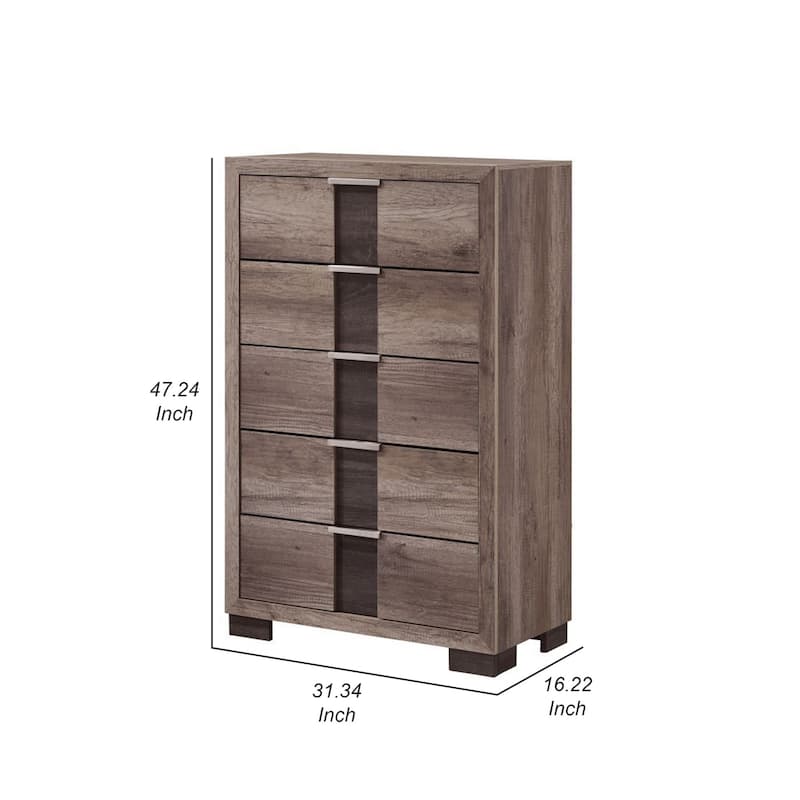 Rangley 47 Inch Tall Dresser Chest, Wood, 5 Drawers, Metal Handles, Brown