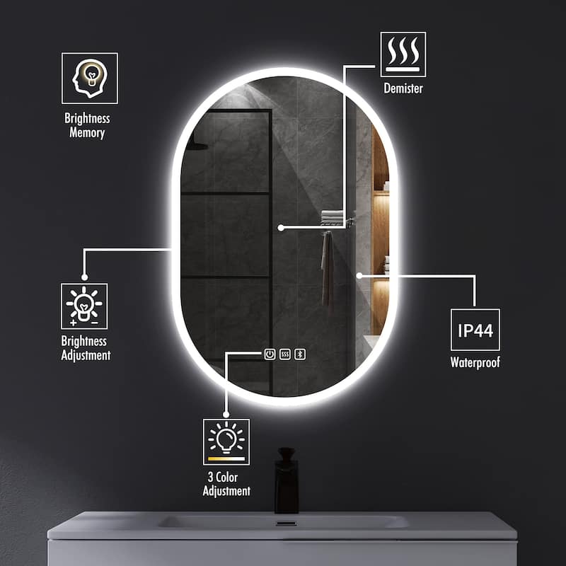 24 in. W x 36 in. H Large Oval Frameless Wall-Mount Anti-Fog LED Light Bathroom Vanity Mirror - 24" x 36"