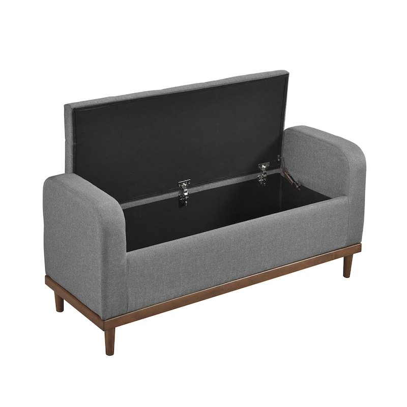 Mid-Century Modern Lift Top Storage Bench 1pc Tufted Gray Upholstered Solid Wood Walnut Finish Wooden Furniture