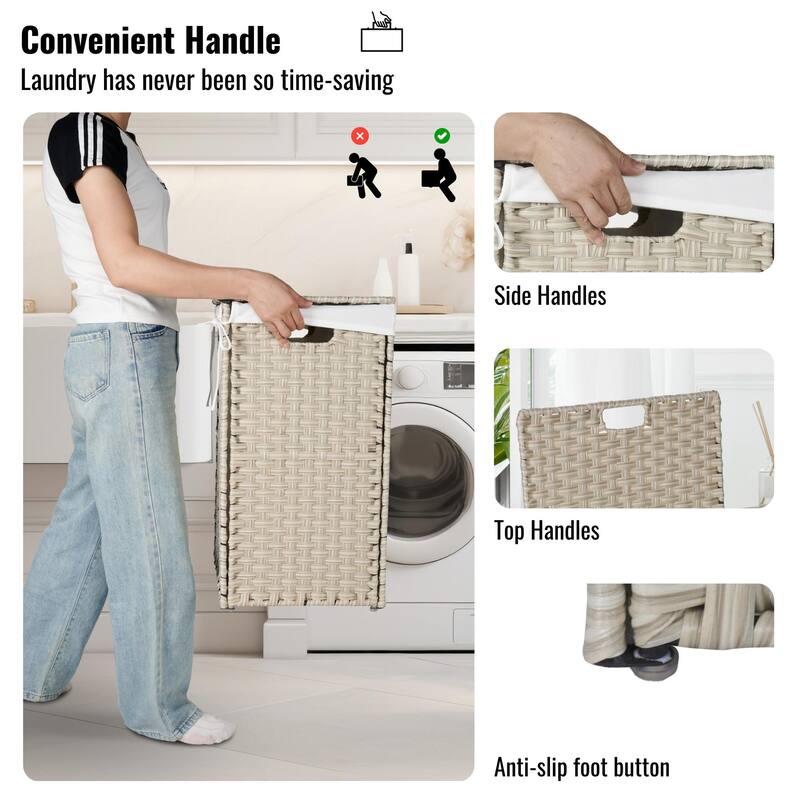 Grey Laundry Hamper with Lid - Durable PE Rattan Powder-Coated Frame, Includes 2 Removable Bags, 100L Capacity