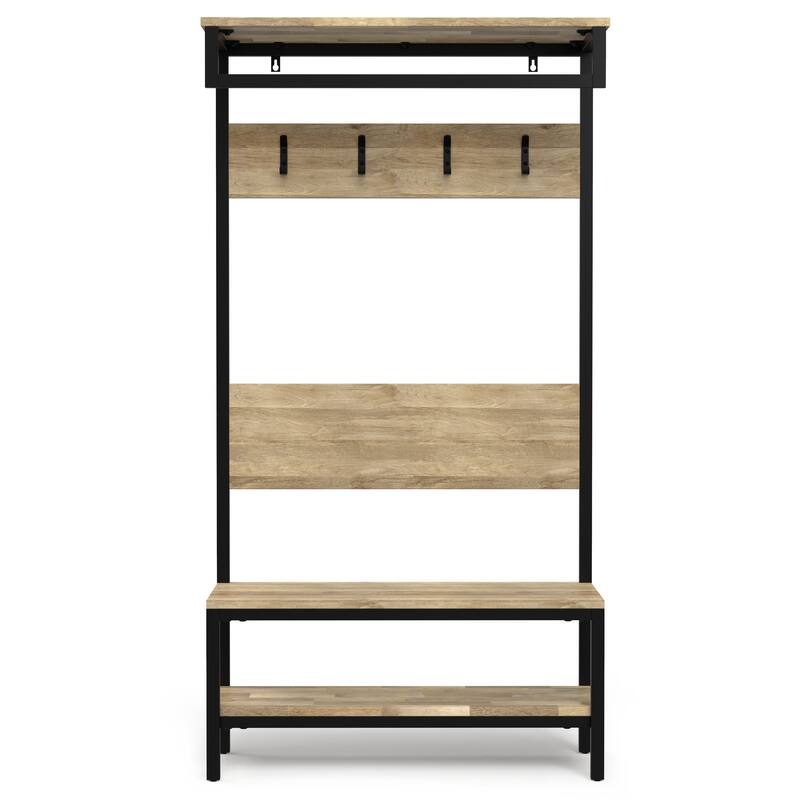Westmont Solid Mango Wood Hall Tree with Bench, Open Storage, Hooks & Industrial Metal Frame