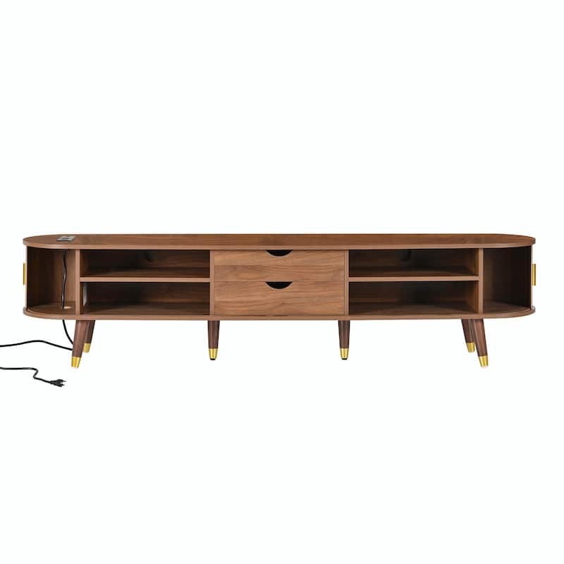 Wooden Oval Fluted TV Stand with Charging Station for TVs Up to 80"