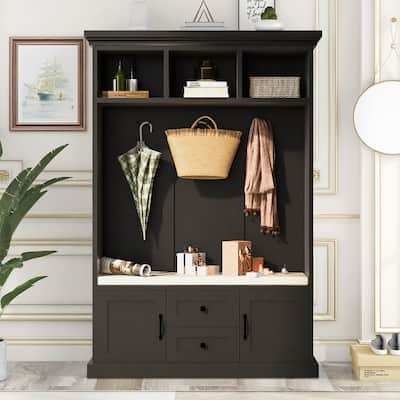 47"W Hall Tree with 3 Metal Double Hooks,3 Open Shelves,Shoe Storage - 3-in-1