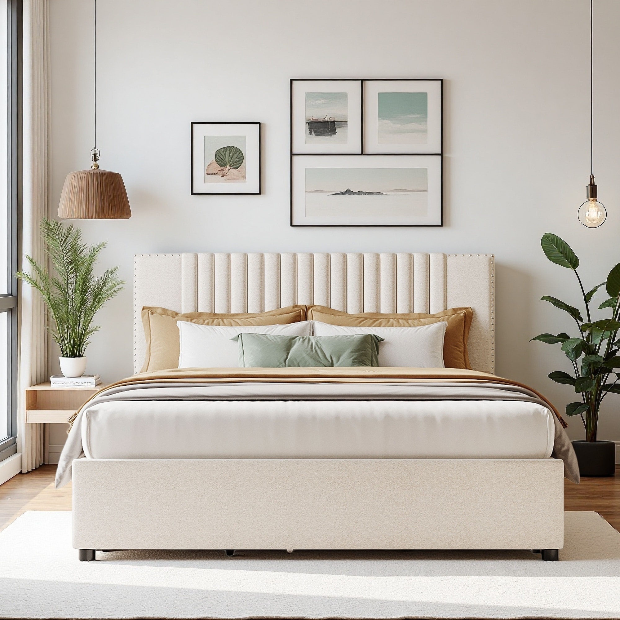 Upholstered Platform Bed with 2 Drawers, Trundle, and Classic Headboard Design